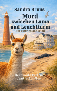 Buchcover: Mord zwischen Lama und Leuchtturm, Ostfrieslandkrimi von Sandra Bruns