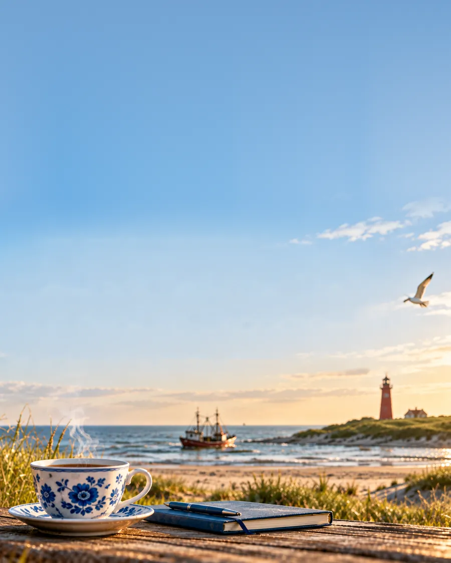 Teetasse auf einem Holztisch in den Dünen, dahinter Strand, ein Fischkutter und ein Leuchtturm an der ostfriesischen Küste