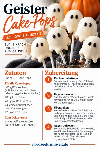 Rezeptkarte Geister-Cake-Pops – Rezept aus Ostfriesland als PDF zum Download