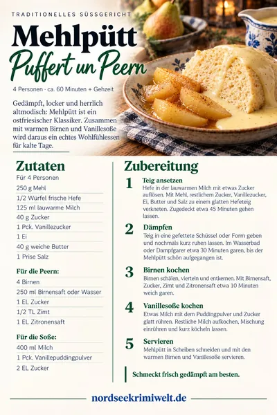 Rezeptkarte Mehlpütt mit Peern – Rezept aus Ostfriesland als PDF zum Download