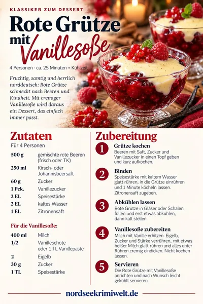 Rezeptkarte Rote Grütze mit Vanillesoße – Rezept aus Ostfriesland als PDF zum Download